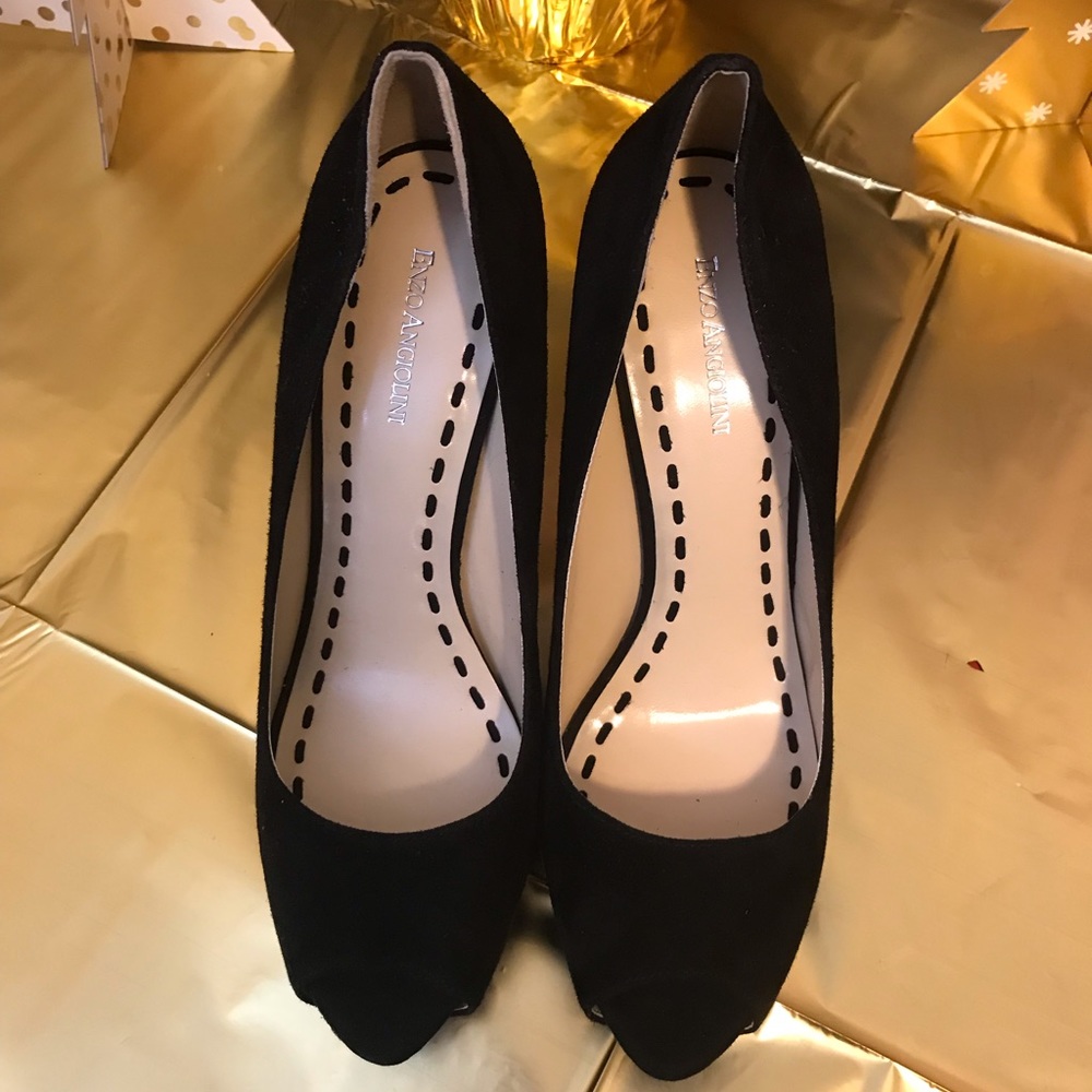 Enzo Angliolini Black Suede Peep Toe Stilettos